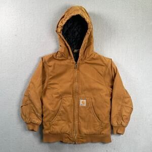 Carhartt Jacket Youth Small 7-8 Brown Canvas Quilted Lined Hooded Full Zip Kids